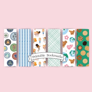 Könnte beinhalten: Sechs druckbare Lesezeichen mit verschiedenen Designs. Die Designs beinhalten ein Muster mit Girl Scout-Abzeichen, ein blau-weiß gestreiftes Muster, ein Muster mit Girl Scouts, ein grün-weiß kariertes Muster, ein Muster mit Girl Scouts, die sich um einen Globus halten, und ein Muster mit Girl Scout-Keksen.