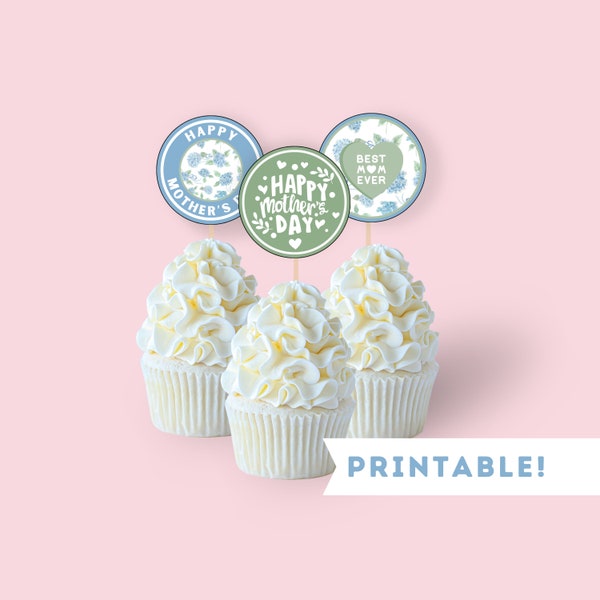 Printable Mother's Day Cupcake Toppers | Instant Download Decorations, Gifts for Mom | Blue Hydrangea Decorations, Coastal Vibes | PDF, PNG