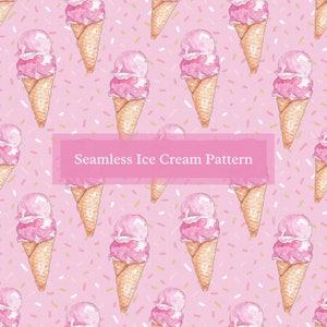 Seamless Pink Ice Cream Pattern | Instant Download Watercolor Strawberry Sprinkles Ice Cream Digital Paper Design | Crafting, Scrapbooking