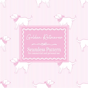 May include: A seamless pattern featuring white Golden Retriever illustrations wearing bandanas on a pink striped background. A pink rectangular frame contains the text "Golden Retriever Seamless Pattern for commercial and personal use."