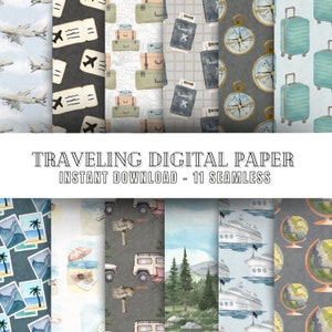 Nahtloses Reisen Digitales Papier Bündel | Druckbares Bastelpapier | Flugzeuge, Kreuzfahrt, Reisepass, Karte, Camping, World Traveller Scrapbooking