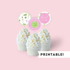 May include: Three white cupcakes with pink and green frosting toppers that say "Bride to Be", "Margaritas & Matrimony", and a lime with margarita ingredients. Printable.