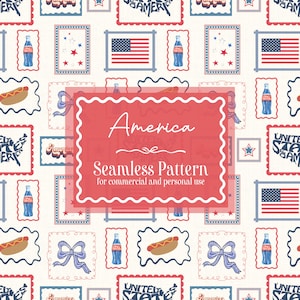 May include: A seamless pattern with a patriotic theme. The design features repeating elements like the American flag, stars, a soda bottle, a hot dog, and a bow. The central text reads "America" and "Seamless Pattern". The color palette includes red, white, and blue.
