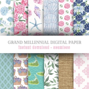 May include: A set of 10 digital paper patterns featuring various designs, including floral, seashells, and geometric patterns. The patterns are seamless and can be used for crafting, scrapbooking, and other creative projects. The text "GRAND MILLENNIAL DIGITAL PAPER instant download - seamless" is displayed at the bottom of the image.