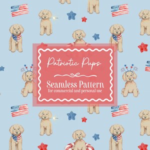 Pode incluir: Um padrão sem costura com ilustrações em aquarela de filhotes de golden retriever com acessórios patrióticos como bandanas e fogos de artifício, junto com bandeiras e estrelas americanas, tudo em um fundo azul claro. O texto diz "Patriotic Pups".