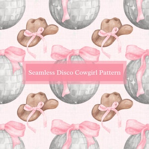 May include: A seamless pattern featuring a disco ball, a cowboy hat with a pink bow, and a pink bow with a disco ball. The background is a light pink.