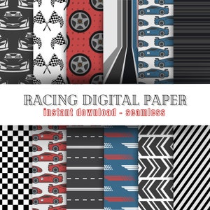 Rennauto-Digitalpapier-Bundle | Nahtlose Muster | Formel 1, Schneller Eins, Schneller Zwei | Digitales Basteln, Scrapbooking, Tapetenmuster