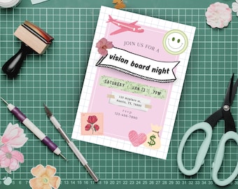 May include: A pink vision board night invitation with a grid pattern, featuring a pink airplane and a smiley face. The invitation reads "vision board night". Crafting tools and floral decorations, including scissors and stamps, are arranged around it.
