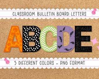 May include: Colorful classroom bulletin board letters spelling out "ABCDE". The letters are orange with jack-o'-lanterns, black with ghosts, green with chevrons, purple with bats, and black with spiderwebs. The text "5 DIFFERENT COLORS - PNG FORMAT" is also included.