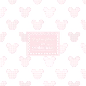 May include: A seamless pattern featuring light pink gingham mouse head shapes on a white background. The design includes a pink rectangular label with the text "Gingham Mouse" and "Seamless Pattern for commercial and personal use."