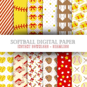 Puede incluir: Un conjunto de 10 papeles digitales con patrones de temática de softbol. Los patrones incluyen pelotas de béisbol, bates, guantes, estrellas, lazos y costuras. Los papeles son sin costuras y perfectos para proyectos de manualidades.