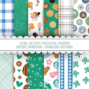 May include: A set of 10 digital papers featuring Girl Scout themes. The papers include patterns of cookies, hearts, flowers, peace signs, and Girl Scout badges. The papers are perfect for scrapbooking, card making, and other crafting projects.
