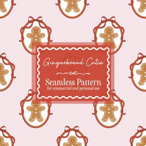 Può includere: Un motivo ripetuto di omini di pan di zenzero in cornici ovali con nastri rossi, su sfondo rosa a righe. Un rettangolo rosso al centro mostra il testo "Gingerbread Cutie Seamless Pattern for commercial and personal use."
