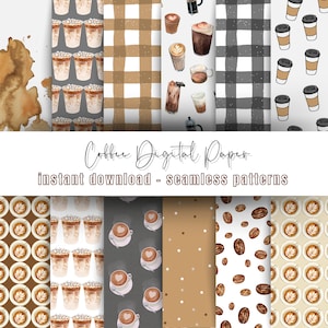 Può includere: Un set di 10 motivi di carta digitale con illustrazioni a tema caffè. I motivi includono tazze da caffè, chicchi di caffè e disegni a scacchi in marrone, bianco e grigio.
