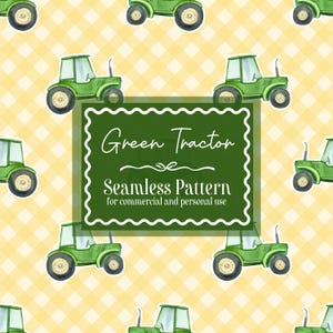 May include: A seamless pattern featuring green tractors on a yellow and white checkered background. The tractors have large wheels and are set against a backdrop with the text "Green Tractor Seamless Pattern for commercial and personal use."