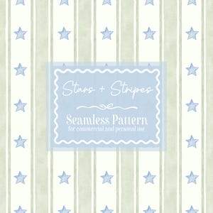 May include: A seamless pattern featuring vertical stripes in light green and white, adorned with blue watercolor stars. A blue rectangle with the text "Stars + Stripes" and "Seamless Pattern" is overlaid on the design.