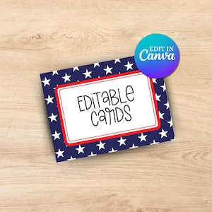 Etiquetas de comida patrióticas editables, tarjetas de mesa para el Día de los Caídos, fiesta del 4 de julio / Decoración de fiesta imprimible / Rojo, blanco y azul / Estrellas y rayas