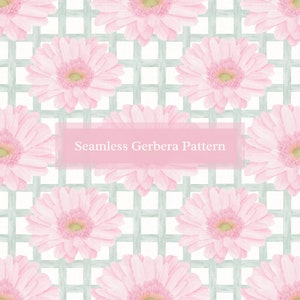 Op de afbeelding: Een naadloos patroon met roze gerbera's op een lichtgroene en witte geruite achtergrond. De tekst "Seamless Gerbera Pattern" wordt weergegeven in een roze banner.