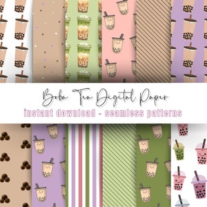 Boba Tea Themed Nahtloses digitales Papier-Bundle | Sofortiger Download Matcha Latte Boba, süße Bubble Tea Tapete, Bastelpapier und Scrapbook-Papier