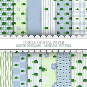 Puede incluir: Patrones de papel digital con diseños de tortugas. Los patrones incluyen cuadros, rayas y remolinos, en tonos verdes, azules y blancos. El texto "TURTLE DIGITAL PAPER" y "INSTANT DOWNLOAD - SEAMLESS PATTERNS" se muestra en la imagen.
