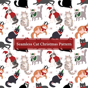 May include: A seamless pattern featuring cats dressed in festive Christmas attire. The cats are wearing Santa hats, reindeer antlers, and Christmas lights. The background is white with red snowflakes.