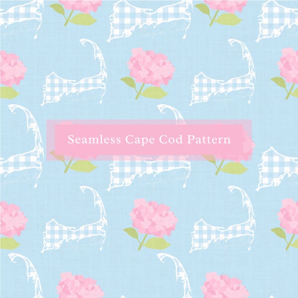 Seamless Cape Cod Hydrangea Pattern, PNG | Digital Paper, Crafting, Wallpaper, Wall Art | Pastel Colors, Gingham | Preppy, Grand Millennial