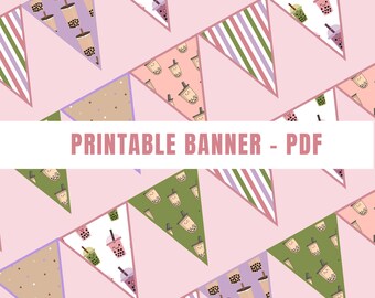 Banner temático de té Boba imprimible / Decoraciones de descarga instantánea para té Boba, fiesta de cumpleaños para niños temática Matcha / Té de burbujas lindo