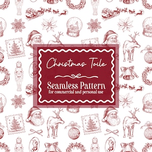 Może przedstawiać: Bezszwowy wzór bożonarodzeniowy w kolorze czerwonym i białym. Projekt przedstawia Świętego Mikołaja, renifery, kule śnieżne, choinki, dzwonki, wieńce i sanie. Tekst "Christmas Toile" jest wyświetlany w czerwonym prostokącie.