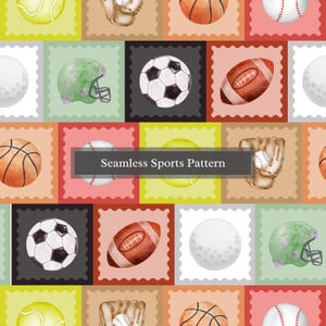 Motif sportif sans couture | Téléchargement immédiat, aquarelle imprimable, football, baseball, golf, tennis | Joueur de sport étoile | Utilisation commerciale
