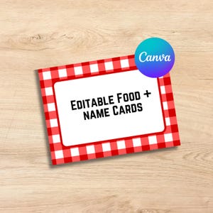 Druckbare rote Büffel Gingham Print Lebensmittel Etiketten, Name und Tischkarten | Sofortiger Download, rotes Picknick, Grillparty Dekoration | Flusskrebs sieden