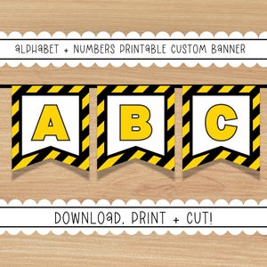 Banner imprimible personalizado con temática de construcción / Banner para fiesta de cumpleaños, para niños, decoraciones para fiestas / Peligro de construcción en amarillo y negro, PNG