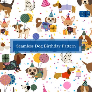 May include: A seamless pattern featuring various breeds of dogs wearing party hats and holding gifts. The background is white with confetti and balloons. The text "Seamless Dog Birthday Pattern" is displayed in a blue banner.