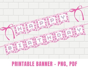 May include: A pink and white printable banner with the words "HAPPY BIRTHDAY" in pixelated letters. The banner is decorated with a pattern of pink and purple shapes and is strung with pink ribbon. The background is a white brick wall.