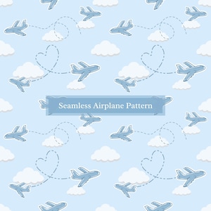 Könnte beinhalten: Ein nahtloses Muster mit blauen Flugzeugen, die in einem hellblauen Himmel mit weißen Wolken fliegen. Die Flugzeuge fliegen in Herzform.