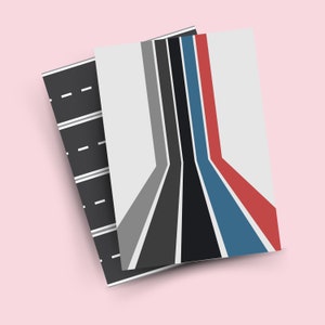 May include: Abstract geometric design featuring a series of gray, black, blue, and red stripes converging to form a perspective view of a road.