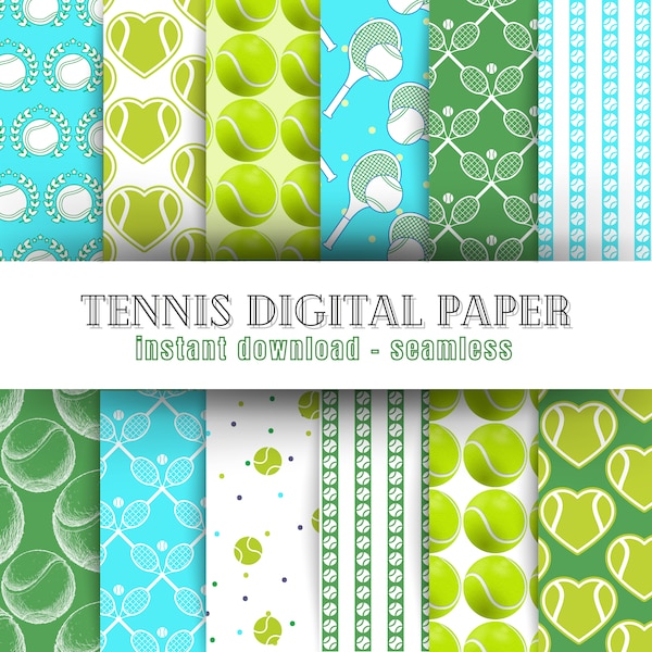Seamless Tennis Digital Paper Bundle | Tennis Ball, Court, Patterns, Designs, Wallpaper | Scrapbooking, Crafting, Art, Background