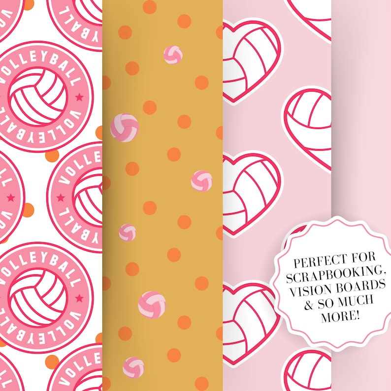 Instant Download Volleyball Digital Paper Bundle, Seamless | Colorful, Pink, Girly Volleyball Player Patterns for Scrapbooking, Crafting image 3