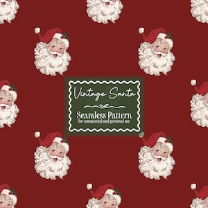 May include: Seamless pattern featuring vintage Santa Claus illustrations on a deep red background. Each Santa has a red hat, white beard, and rosy cheeks. The pattern includes text that reads "Vintage Santa" and "Seamless Pattern for commercial and personal use."