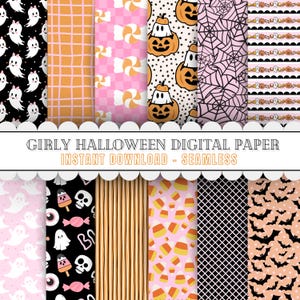 May include: A set of 12 digital papers featuring a variety of Halloween-themed patterns. The patterns include ghosts, candy corn, bats, skulls, and spiderwebs. The papers are in pink, orange, black, and white.