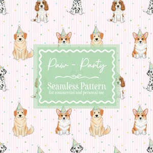 Sömlöst mönster för valphundfödelsedagsfest | Digitalt papper, hattar, cocker spaniel, golden retriever, corgi, dalmatiner | Kommersiellt bruk