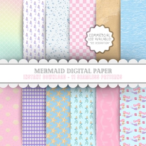 Op de afbeelding: Een digitaal papierpakket met 11 naadloze patronen met zeemeerminnen, schelpen, zeesterren en oceaan golven. De patronen zijn in tinten roze, blauw en paars. "Commercieel gebruik beschikbaar! *Zie beschrijving*" staat op een bruine papiertextuur.
