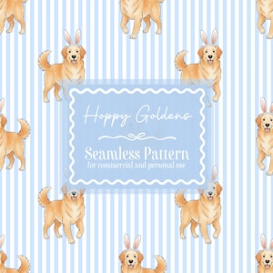 Può includere: Motivo senza cuciture con Golden Retriever dei cartoni animati con orecchie da coniglio su sfondo a righe bianche e azzurre. Il motivo include il testo "Hoppy Goldens" e "Seamless Pattern for commercial and personal use".