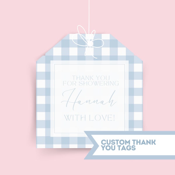 Instant Download Custom Thank You Tags for Bridal or Baby Shower | Blue Gingham Print Thank You Tags for Party Favors | Printable