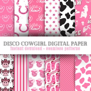Seamless Disco Cowgirl Digitales Papier-Bundle | Sofortiger Download zum selbst ausdrucken Pink Disco Bastelpapier | Trendige Disco Cowgirl Ästhetik