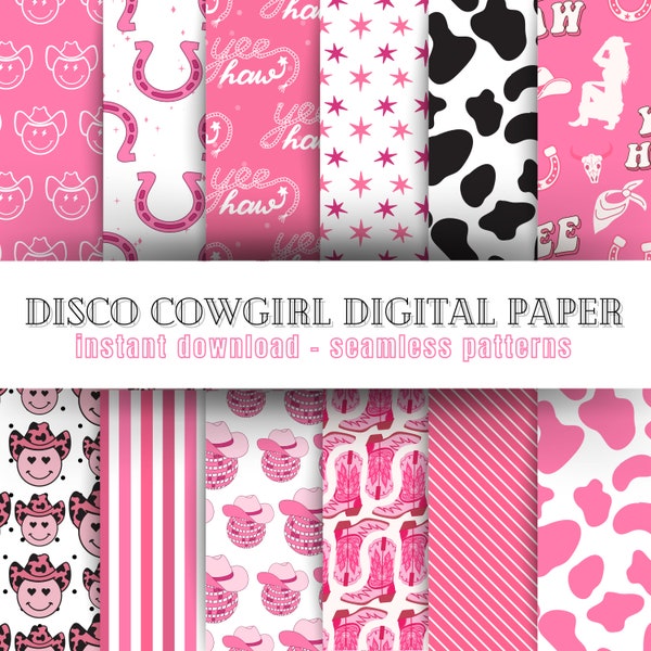 Seamless Disco Cowgirl Digital Paper Bundle | Instant Download and Printable Pink Disco Crafting Paper | Trendy Disco Cowgirl Aesthetic
