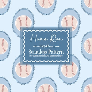 Puede incluir: Un patrón sin costuras con pelotas de béisbol en marcos ovalados azul claro con un borde festoneado. Las pelotas de béisbol tienen costuras rojas sobre un fondo crema. El texto "Home Run" y "Seamless Pattern" se muestra en un rectángulo azul.