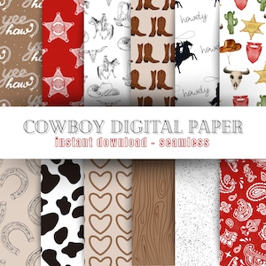 Western Cowboy Digital Paper Bundle | Instant Download, Printable, Seamless Designs | Country, Boots, Rodeo Themed Crafting, Project Paper