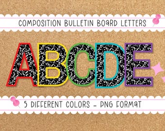 May include: Five colorful letters, A, B, C, D, and E, with a black and white patterned design. The letters are in red, yellow, green, blue, and purple. The letters are on a corkboard background. Composition Bulletin Board Letters - PNG Format.