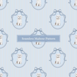 Puede incluir: Patrón sin costuras de perros malteses en marcos ovalados azul claro con lazos, sobre un fondo a rayas azul claro. El texto "Seamless Maltese Pattern" se muestra en una pancarta azul claro.
