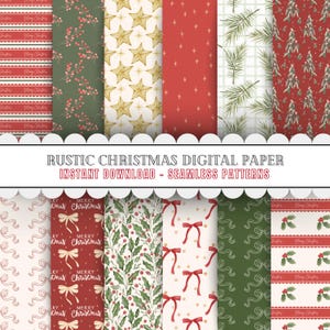 May include: A set of 10 digital papers featuring rustic Christmas patterns. The patterns include red and white stripes with the text "Merry Christmas", green holly leaves with red berries, gold stars, red polka dots, green pine branches, and red bows on a white background.